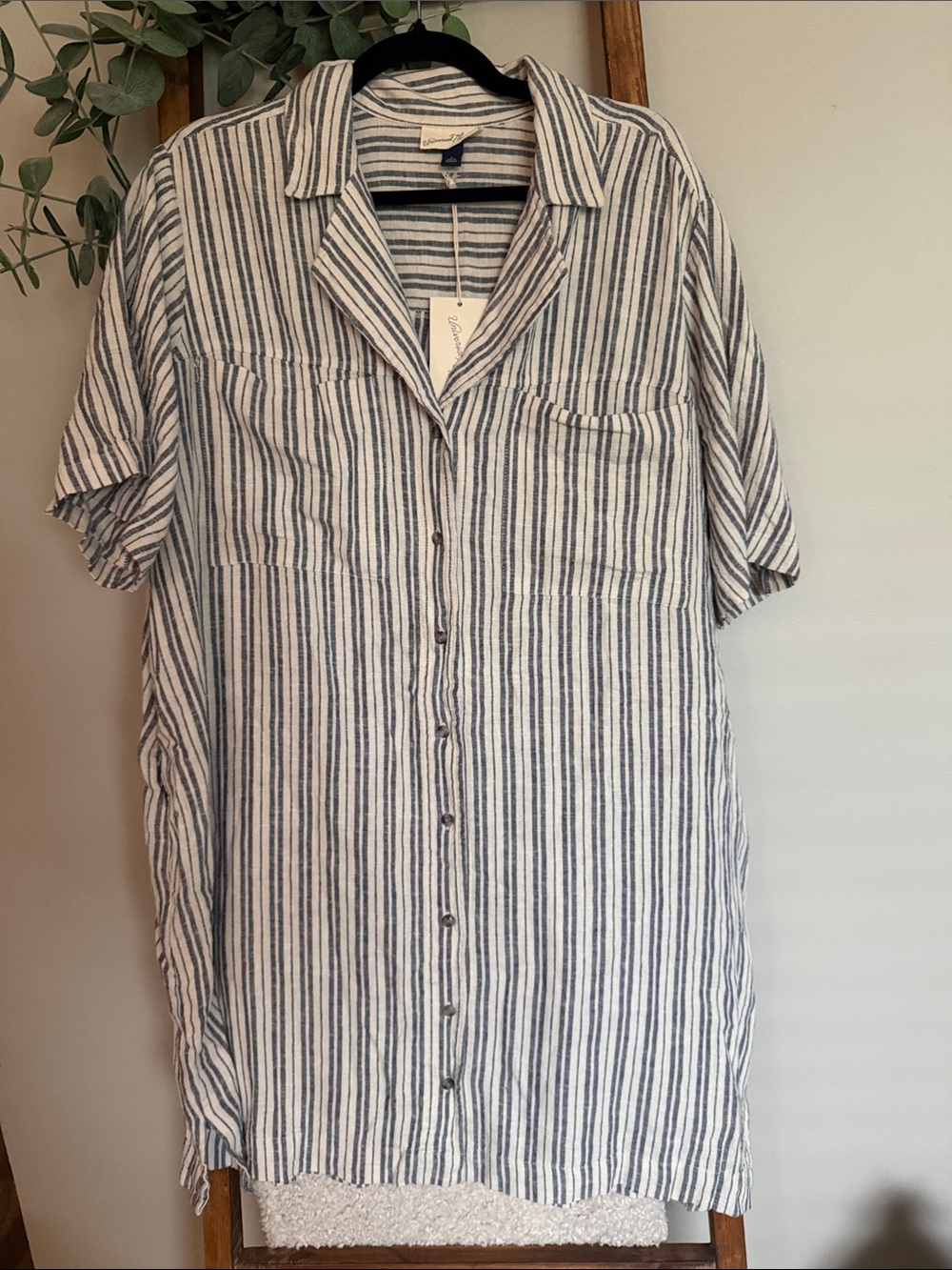Universal Thread Blue & White Striped Short-Sleeve Button-Up Dress
